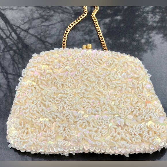 Vintage 1950s White Beaded Sequined Clutch Wristlet Handbag Coin Purse Satchel - Picture 3 of 8